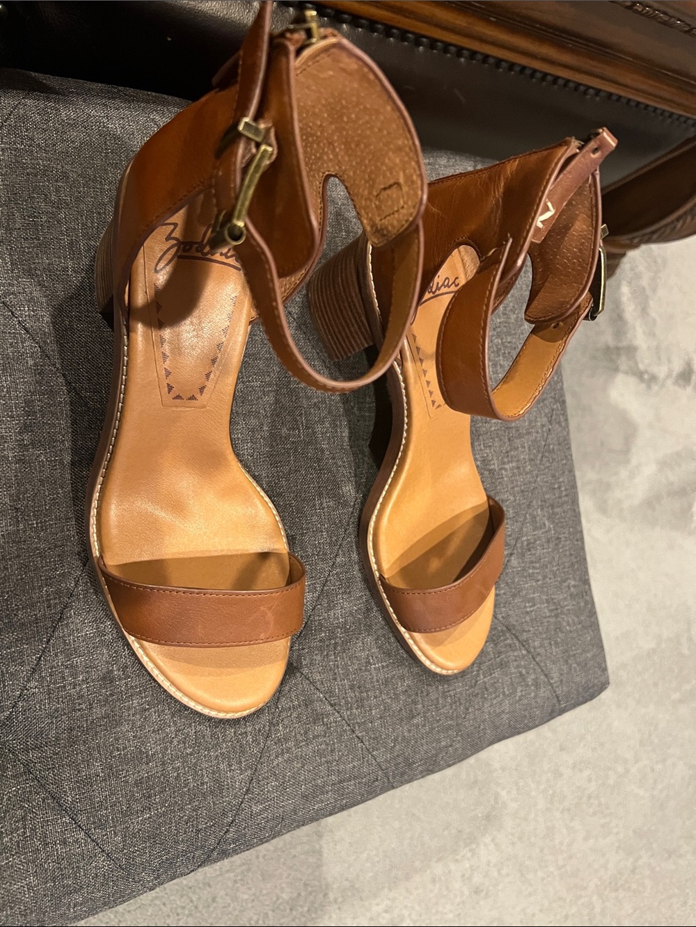 Zodiac Tan Brown Leather Ankle-Strap Block Heel Sandals